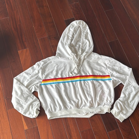 ? Tops - White Hoodie with Rainbow Stripe
